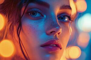 A woman with freckles and a bright blue eye photo