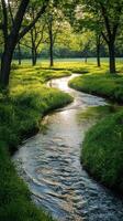 A stream runs through a grassy field photo