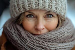 A woman wearing a knitted hat and scarf photo