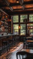 A bar with wooden tables and chairs photo