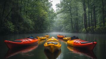 A group of kayaks are lined up in a river photo