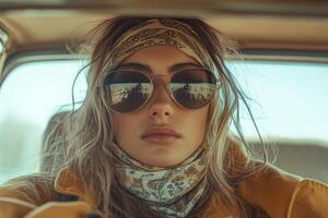 A woman wearing sunglasses and a scarf in a car photo