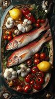 Two fish are on a plate with tomatoes, lemons and garlic photo