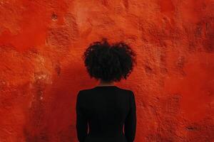A woman with afro hair standing in front of a red wall photo