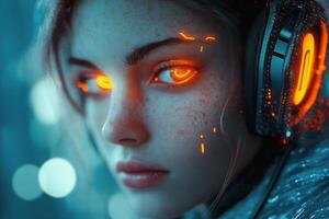 A woman with glowing eyes and headphones photo