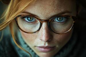 A woman with glasses and freckles looking at the camera photo