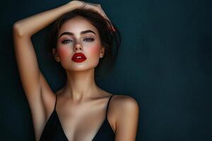 Beautiful woman with red lips and black dress photo