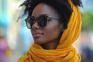 A beautiful young woman wearing sunglasses and a yellow scarf photo