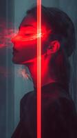 A woman with red light coming out of her eyes photo