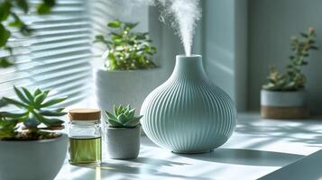 A humidifier and a bottle of essential oils sit on a window sill photo