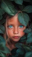 A young girl with blue eyes is hiding behind leaves photo