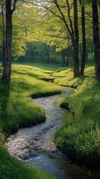 A stream running through a lush green field photo