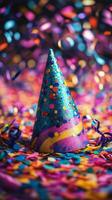 Party hat on confetti and confetti confetti party party hats and confetti party hats photo