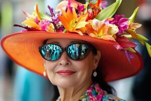 A woman wearing a colorful hat and sunglasses photo