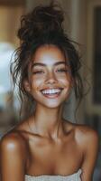 A woman with a messy bun and a smile photo