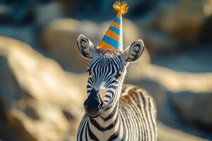 A zebra wearing a birthday hat photo