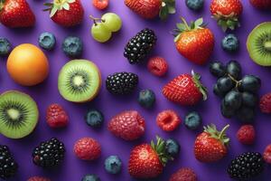 Various fruits and berries on a purple background photo