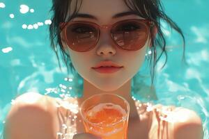 A woman in sunglasses holding a drink in the water photo