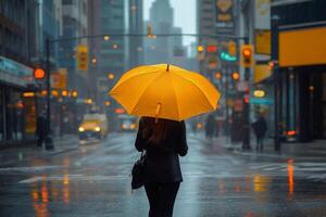 A woman walking down a street with an umbrella photo