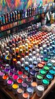 A table full of paint cans and brushes photo