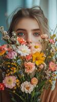 A woman with blue eyes holding a bunch of flowers photo