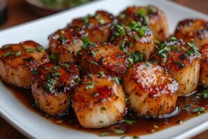 A plate of scallops with sauce and herbs photo