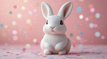 A white rabbit statue sitting on a pink background photo