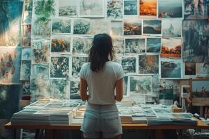 A woman looking at pictures on a wall photo