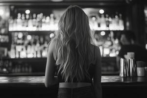 A woman standing in front of a bar with a bottle of liquor in the background photo