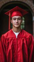 A young man in a red graduation gown photo