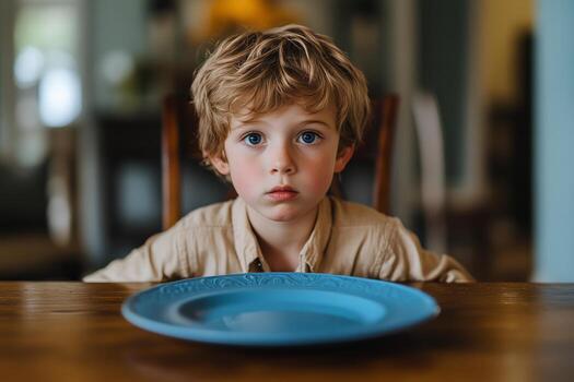 A young boy sits at a table with a plate photo