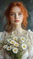 A beautiful red haired woman holding a bunch of daisies photo