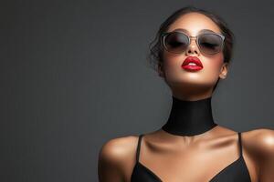 Beautiful woman in black dress and sunglasses photo