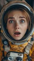 A woman in an astronaut suit looking surprised photo