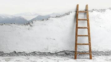 A ladder is leaning against a wall with mountains in the background photo