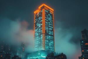 A tall building with neon lights on it at night photo