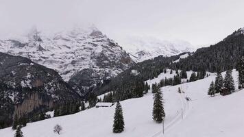 Train from Grutschalp to Murren and Mountains on Cloudy Winter Day. Swiss Alps. Switzerland. Aerial View. Moving Forward video