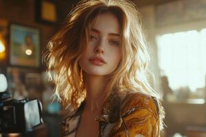 A beautiful woman with long hair in a restaurant photo