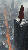 A woman in red coat standing on top of a building photo