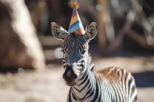A zebra wearing a birthday hat photo