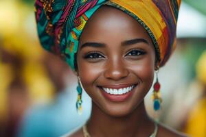 Beautiful african woman smiling with colorful head wrap photo