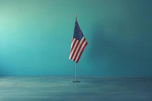 American flag on a pole in an empty room photo
