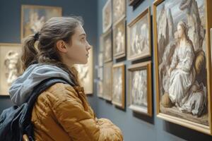 A woman looking at paintings in an art museum photo