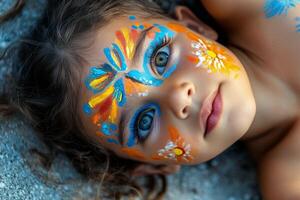 A young girl with her face painted with flowers photo