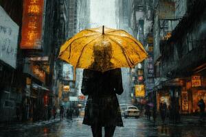 A woman with an umbrella walking down a street in the rain photo