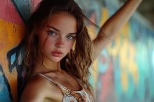 A beautiful young woman leaning against a wall with graffiti photo