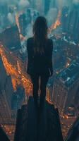 A woman standing on the edge of a building looking at the city photo
