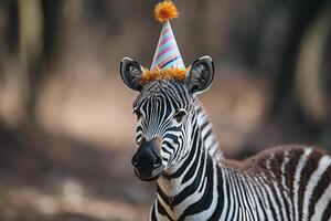 A zebra wearing a birthday hat photo