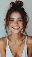 Beautiful young woman smiling with her hair in a messy bun photo