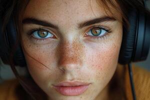 A woman with freckles and headphones photo